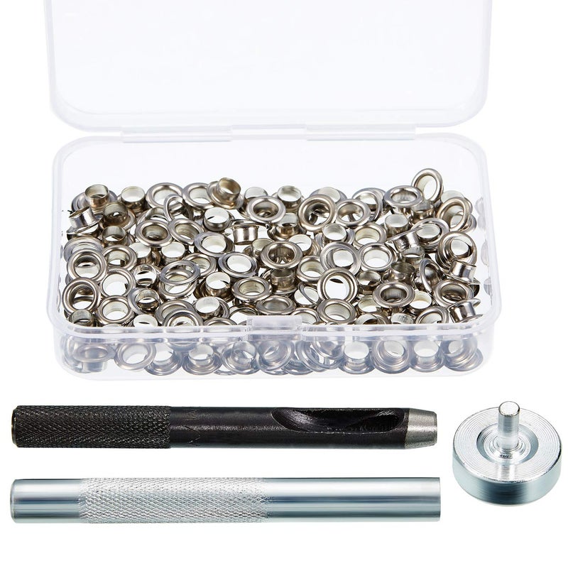 Pangda 100 Sets Grommet Eyelets Tool Kit, Grommet Setting Tool and Eyelets with Setting Tools and Storage Box for Fabric, Tarps, Curtains(3/16 Inch Inside Diameter,Silver) - Image 1